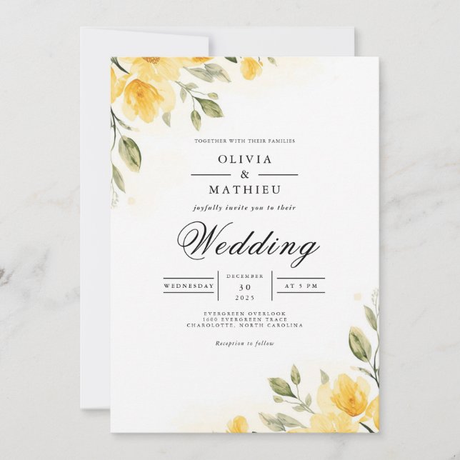 Soft Yellow Botanical Flourish Wedding Invitation (Front)