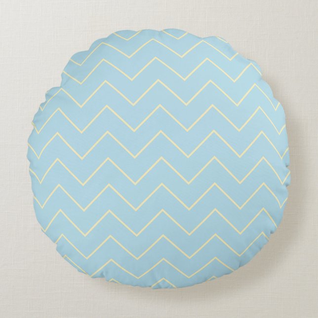 Soft Yellow Chevron on Blue Throw Pillow Round (Front)