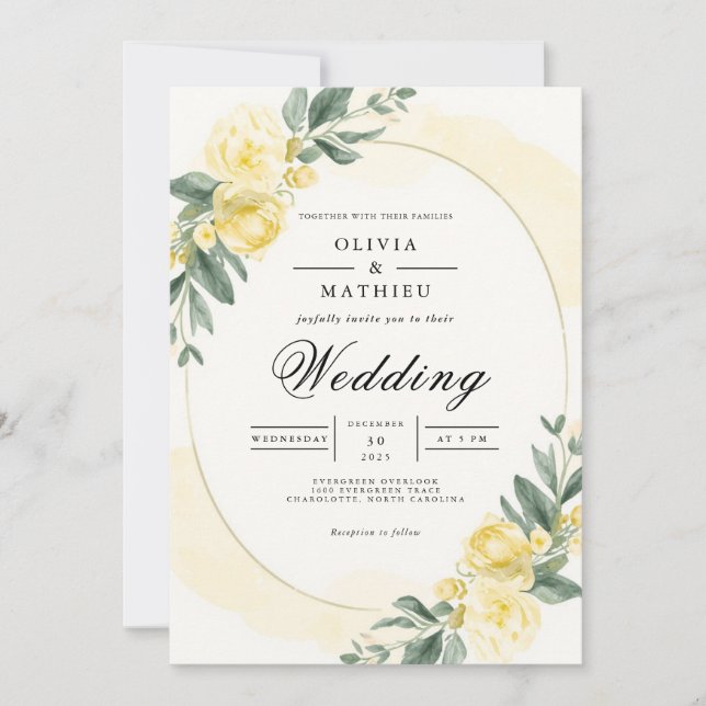 Soft Yellow Floral Botanical Wedding Invitation (Front)