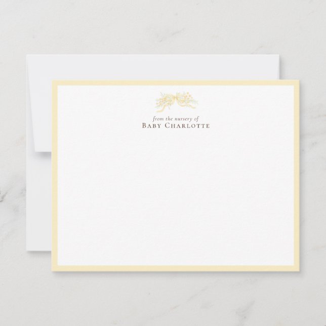 Soft Yellow Floral Bow Nursery Note Card  (Front)