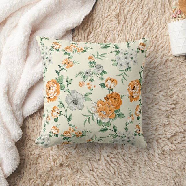 Soft Yellow Garden Floral Pattern Throw Pillow (Blanket)