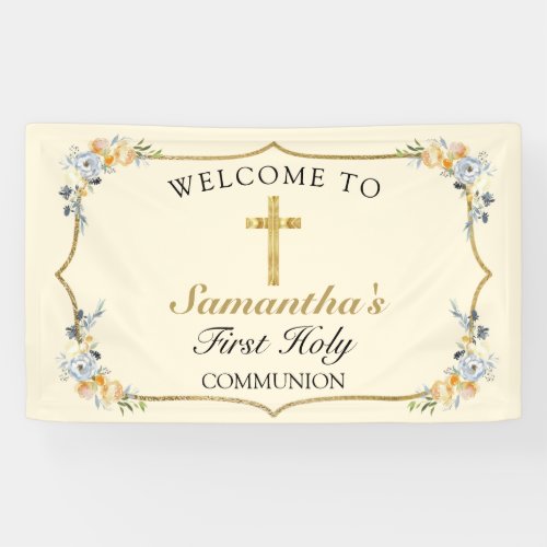 Soft Yellow Gold Cross 1st Communion Welcome Banner