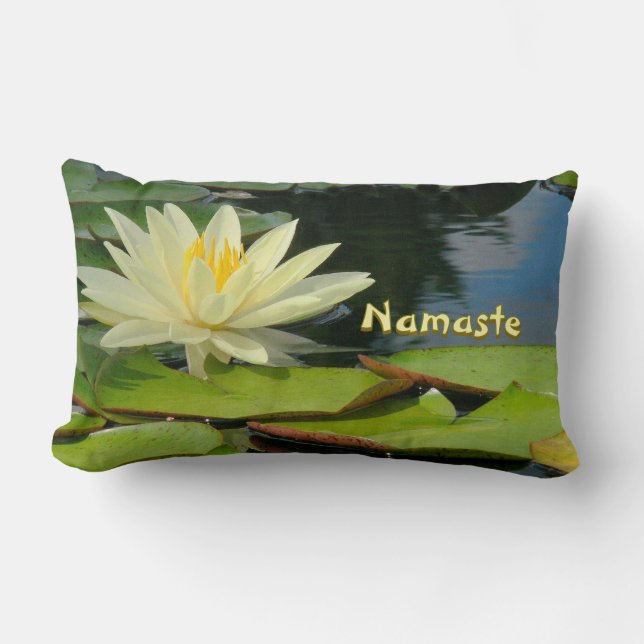 "SOFT YELLOW LOTUS BLOSSOM,GREEN LILY PADS,NAMASTE LUMBAR PILLOW (Front)