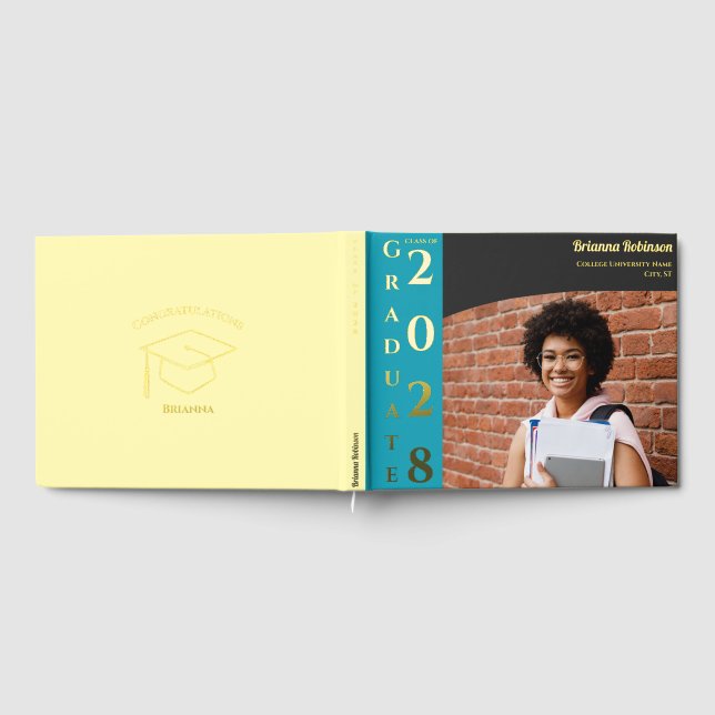 Soft Yellow Modern Photo Graduation Party Gold Foil Guest Book (Full)