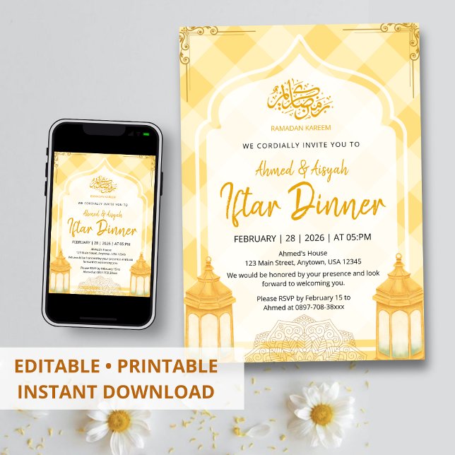 Soft Yellow Plaid Iftar Invitation Watercolor (Creator Uploaded)
