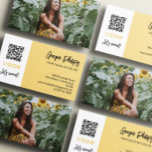 Soft Yellow QR Code Photo Social Media Icons Business Card<br><div class="desc">White, black, and yellow business card for any profession with your social media information in the form of your personal QR code and, on the back, a photo. Content creator business card with a charming brush script, yellow accent color, cute social media icons, and your QR code. Mockup Image by...</div>