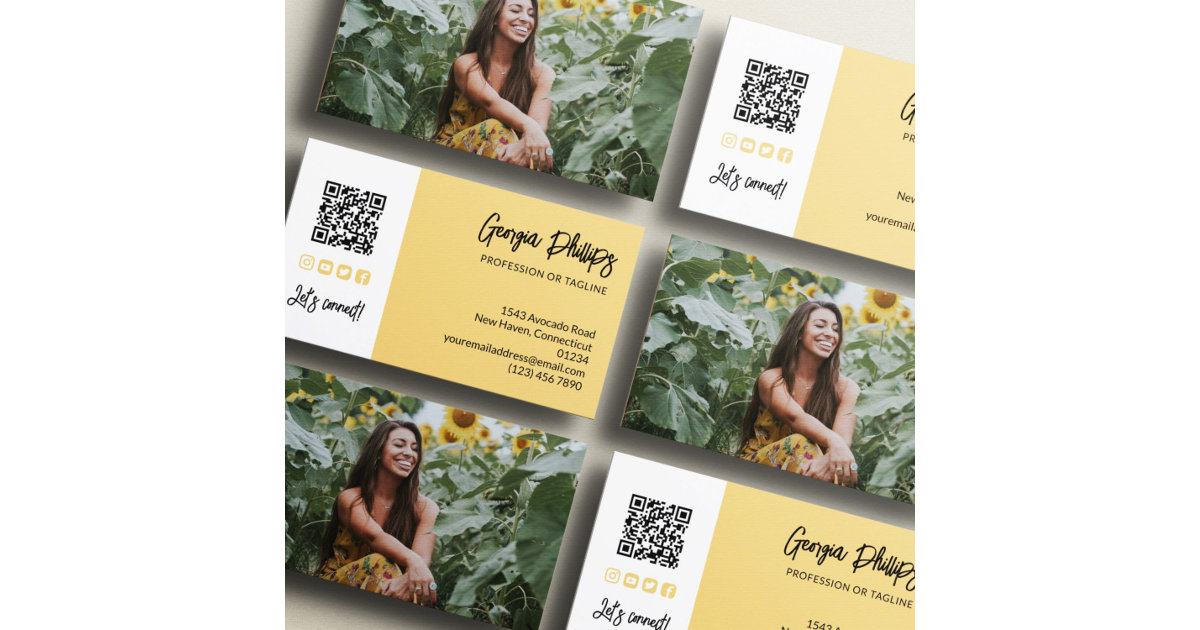 Soft Yellow QR Code Photo Social Media Icons Business Card | Zazzle