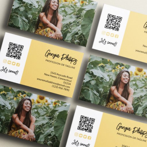 Customizable Soft Yellow QR Code Photo Social Media Icons Business Card