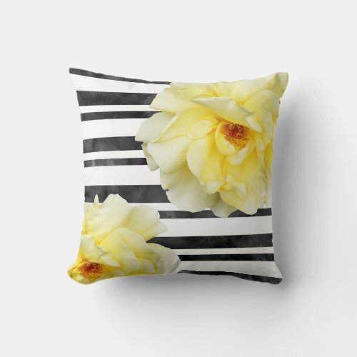 Soft Yellow Rose Black and White Stripes Throw Pillow