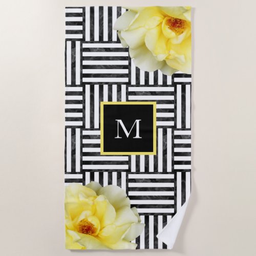 Soft Yellow Roses Black and White Block Stripes Beach Towel