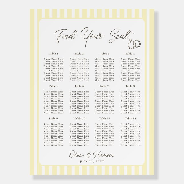 Soft Yellow Striped Elegant Wedding Seating Chart Foam Board (Front)