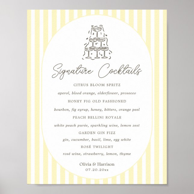 Soft Yellow Striped Signature Drinks Menu Poster (Front)