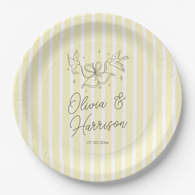 Soft Yellow Striped Whimsical Wedding Paper Plates (Front)