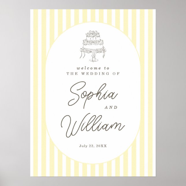 Soft Yellow Striped Whimsical Wedding Welcome Sign (Front)