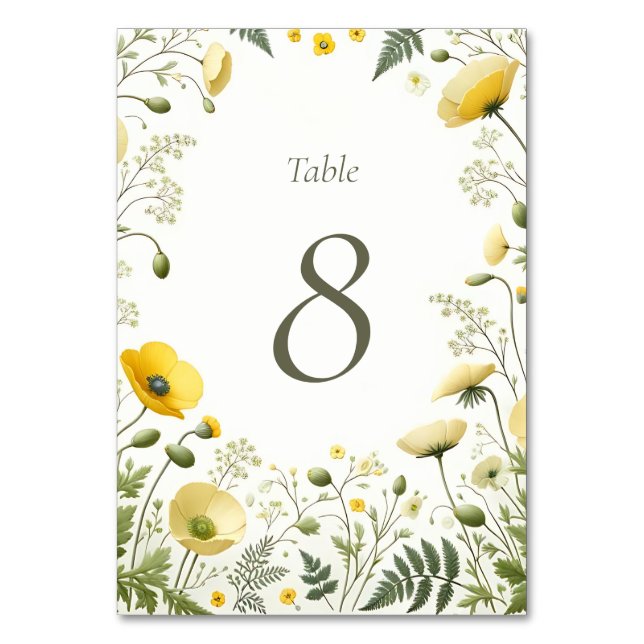 Soft Yellow Wildflower Table Number Sign (Front)