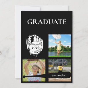 Softball 3 Photo Black Graduation Invitation