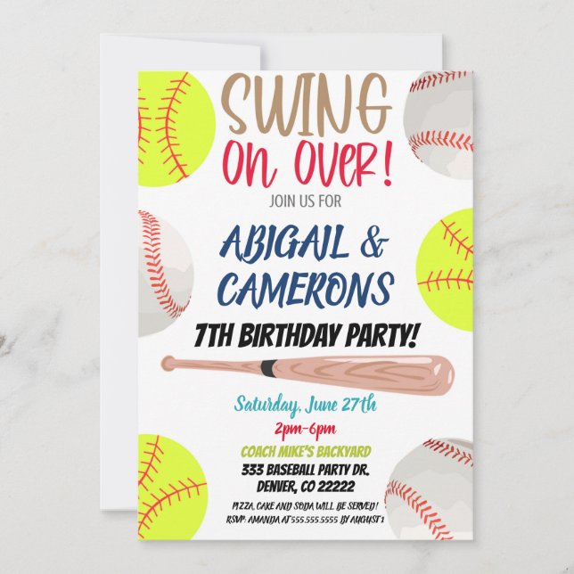 Softball and Baseball Party Invitation (Front)