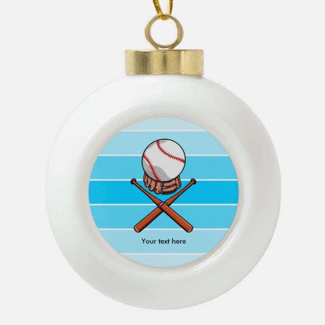 Softball and Cross Bats With Blue Stripes Ceramic Ball Christmas Ornament (Front)