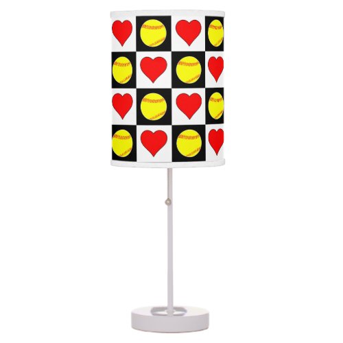 Softball and Hearts Black  White Checkered Sports Table Lamp