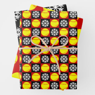 Softball and Snowflake Red and Black Christmas Wrapping Paper Sheets