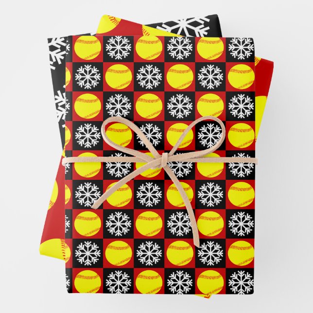 Softball and Snowflake Red and Black Christmas Wrapping Paper Sheets (In situ)