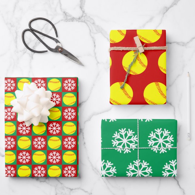 Softball and Snowflake Red and Green Christmas Wrapping Paper Sheets (Front)