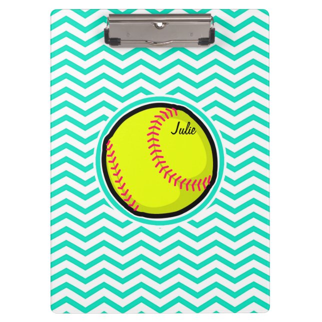 Softball; Aqua Green Chevron Clipboard (Front)