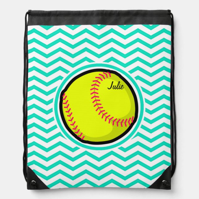 Softball; Aqua Green Chevron Drawstring Bag (Front)