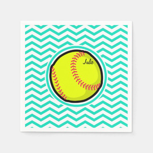 Softball Aqua Green Chevron Paper Napkins