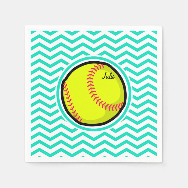 Softball; Aqua Green Chevron Paper Napkins (Front)