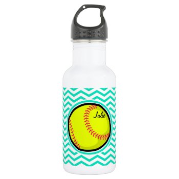 Softball; Aqua Green Chevron Stainless Steel Water Bottle by SportsWare at Zazzle