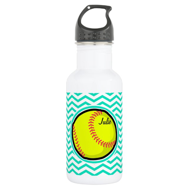 Softball; Aqua Green Chevron Stainless Steel Water Bottle (Front)