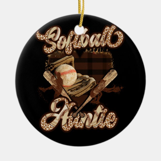 Softball Aunt Heart Proud Softball Auntie Leopard  Ceramic Ornament (Front)