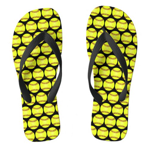 Softball Ball Pattern Black Flip Flops