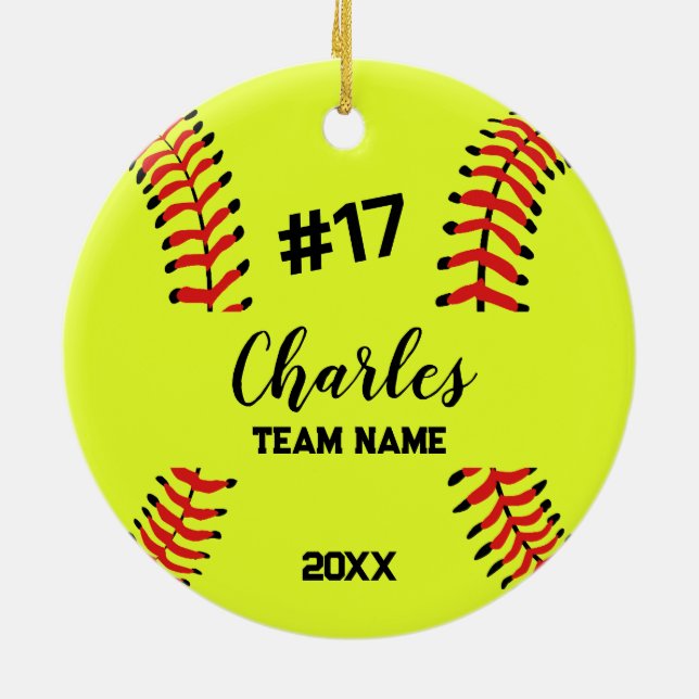 Softball Ball Player | Custom Name Number & Team Ceramic Ornament (Back)