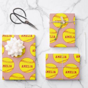 Softball Ball Player Kids Name Birthday Wrapping Paper Sheets