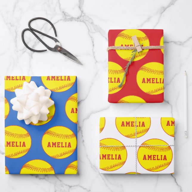 Softball Ball Player Kids Name Birthday Wrapping Paper Sheets (Front)