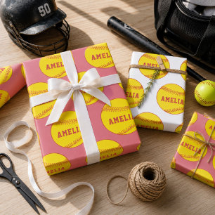 Softball Ball Player Kids Name Birthday Wrapping Paper Sheets