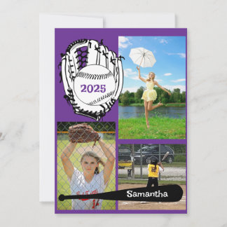 Softball/Baseball 3 Photo Collage Purple Announcement