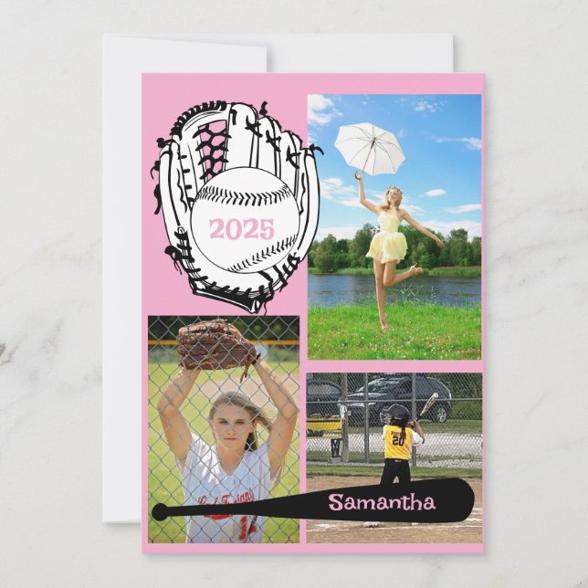 Softball/ Baseball 3 Photo Pink Graduation  Invitation (Front)