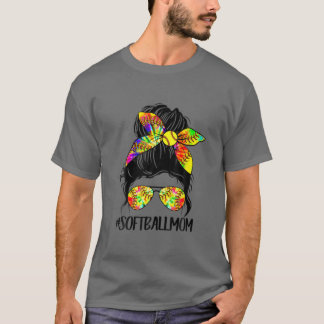 Softball Baseball Mom Life Tie Dye Messy Bun Mothe T-Shirt