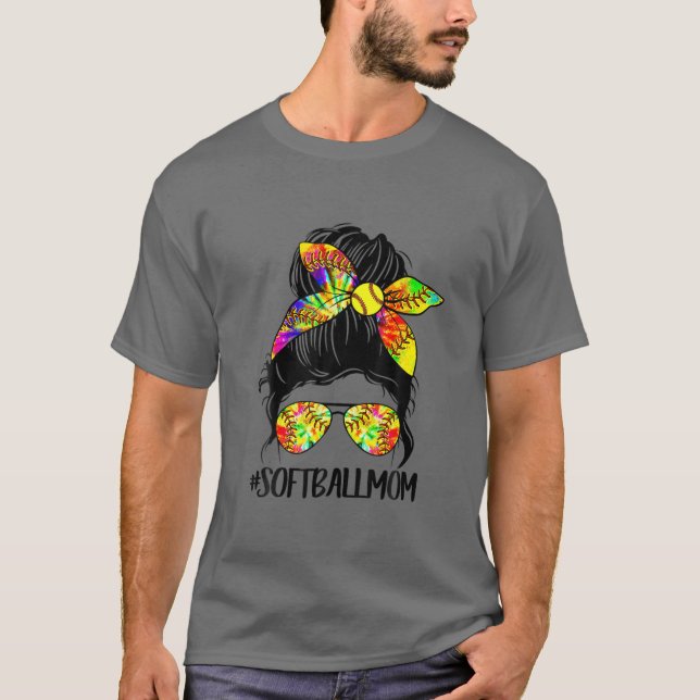 Softball Baseball Mom Life Tie Dye Messy Bun Mothe T-Shirt (Front)