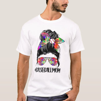 Softball Baseball Mom Life Tie Dye Messy Bun Mothe T-Shirt