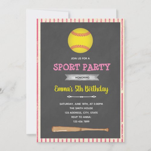 Softball baseball theme party invitation