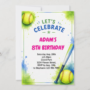 Softball Birthday Invitation Watercolor Theme
