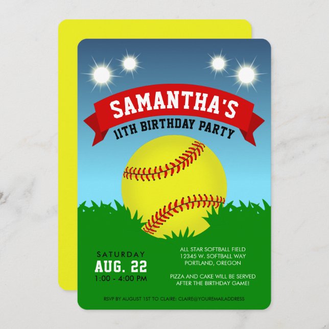 Softball Birthday Party Invitation (Front/Back)