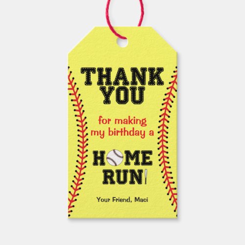 Softball Birthday Party Thank You Gift Tags