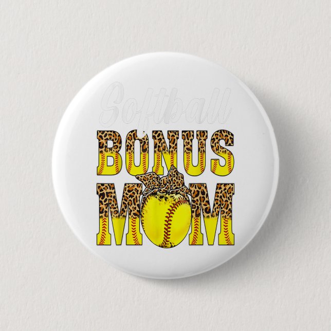 Softball Bonus Mom Game Day Women Leopard Mothers Button (Front)