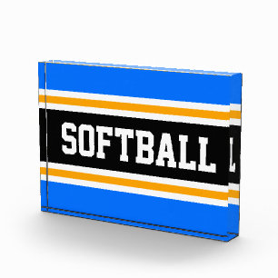 SOFTBALL Bright Blue Black White Orange Stripes Photo Block