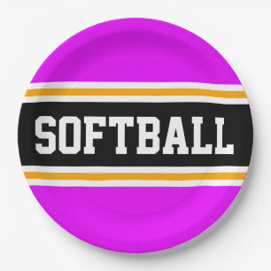 SOFTBALL Bright Pink Black Orange Racing Stripes Paper Plates